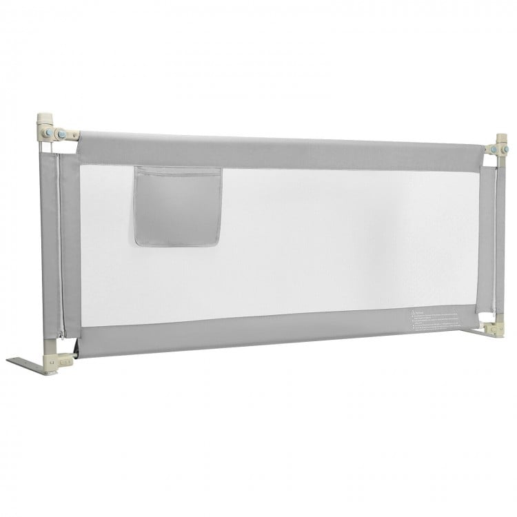Gray 76.8-inch baby bed rail with double safety lock, adjustable height, and breathable mesh for secure sleep.